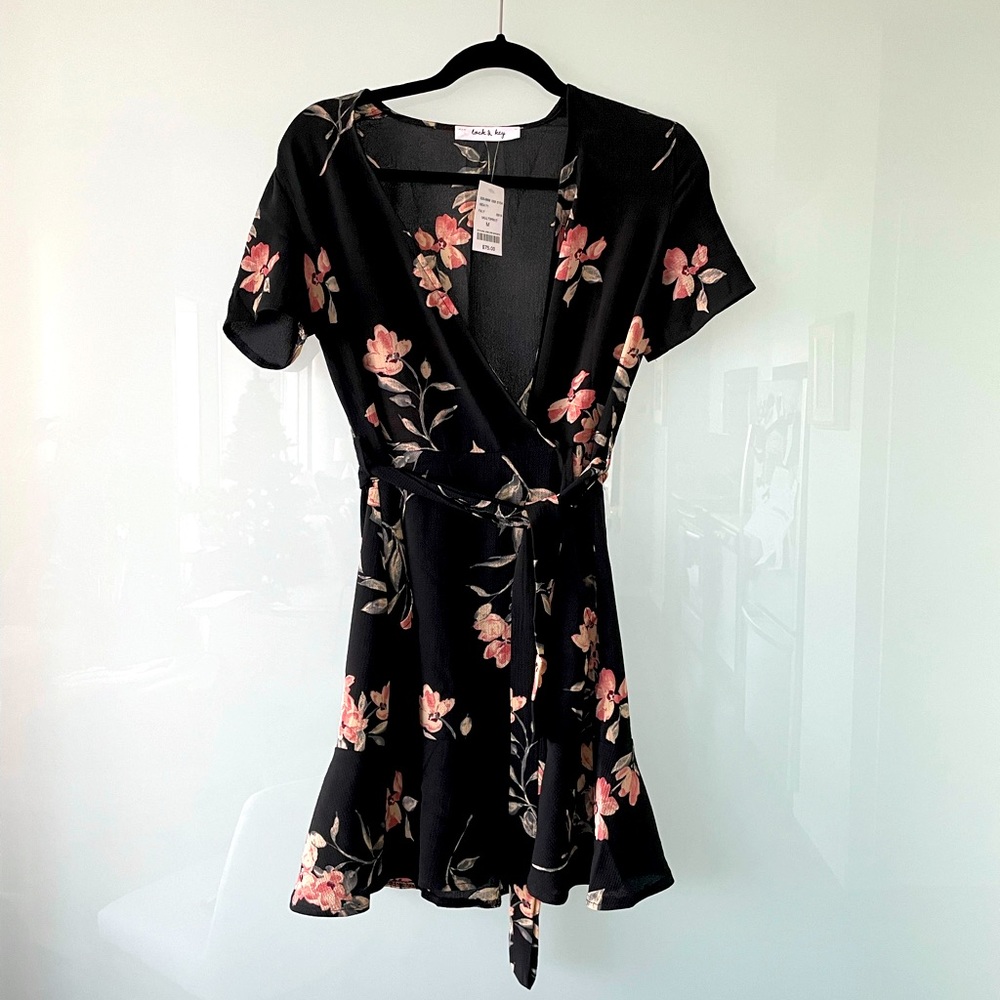 Lock & Key Black Floral Wrap Dress NWT